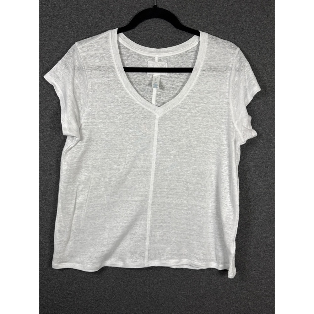 Sigrid Olsen White 100% Linen V-Neck Cap Sleeve T-Shirt Top Large minimalist new